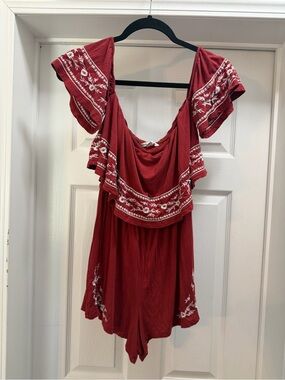 American Eagle Outfitters Red Off-Shoulder Embroidered Crop Romper